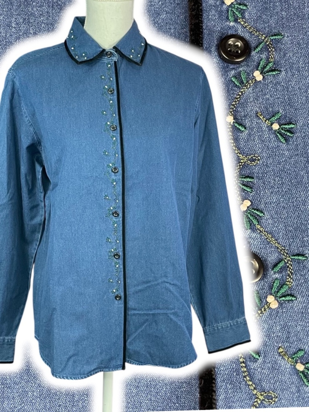 Floral Embroidered Denim Blouse S Button-up Shirt Collared Chambray Cotton Blue